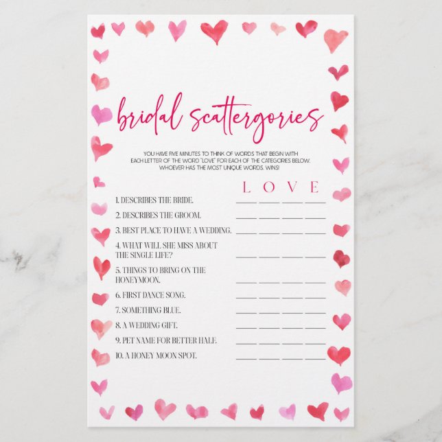 Papelaria Hearts Bridal Scattergories Bridal Shower Game  (Frente)
