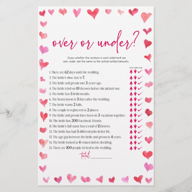 Papelaria Hearts Over or Under Bridal Shower Game  (Frente)