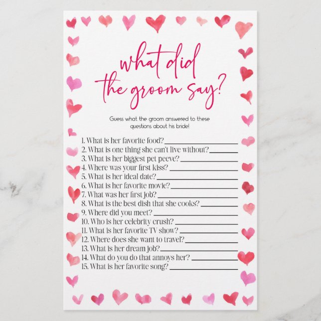 Papelaria Hearts What Did The Groom Say? Bridal Shower Game  (Frente)