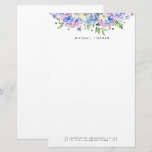 Papelaria Hydrangeas Azuis de Aquarela e Flores Brancas Flor