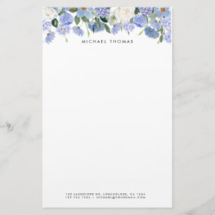 Papelaria Hydrangeas Azuis e Rosas Brancas Floral