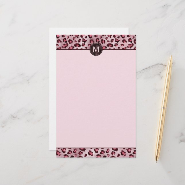 Papelaria Impressão de Animal Leopardo Rosa Com Monograma de (Frente/Verso In Situ)