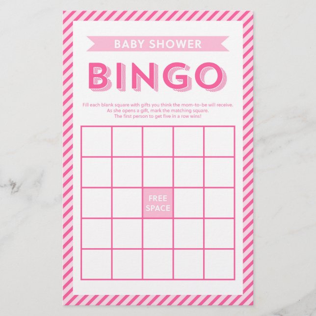 Papelaria Jogo de Bingo de Chá de fraldas com Striping rosa  (Frente)