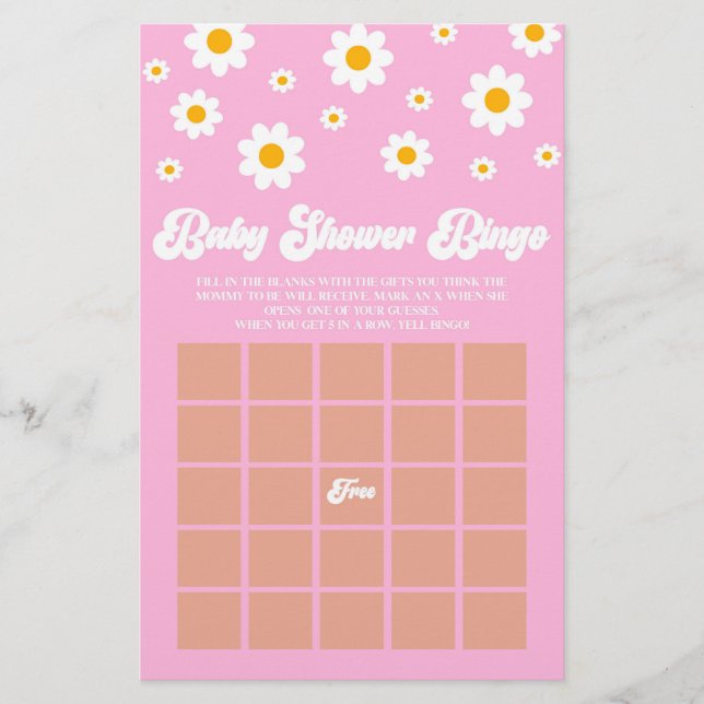 Papelaria Jogo de Chá de fraldas Retro-Daisy Bingo Rosa (Frente)