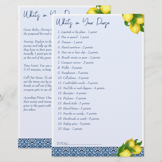 Papelaria Jogos de chá de panela O que tem na bolsa (Frente/Verso)