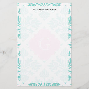 Papelaria Lg Aqua Floral Damasco #3 Quatrefoil Rosa Monogram