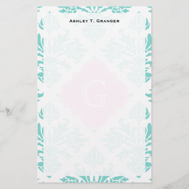 Papelaria Lg Aqua Floral Damasco #3 Quatrefoil Rosa Monogram (Frente)