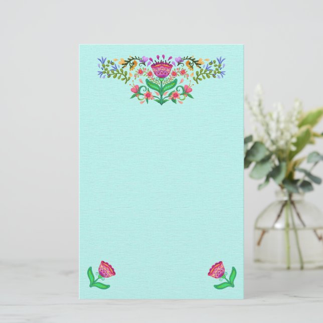 Papelaria Lindas Flores Boho Estilo Rosa em Aqua (Em pé/Frente)