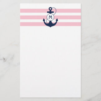 Papelaria Listras náuticas cor-de-rosa com monograma da