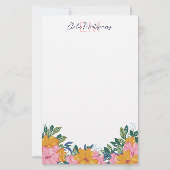 Papelaria Lush Pink Yellow Flowers Name & Initial (Frente)