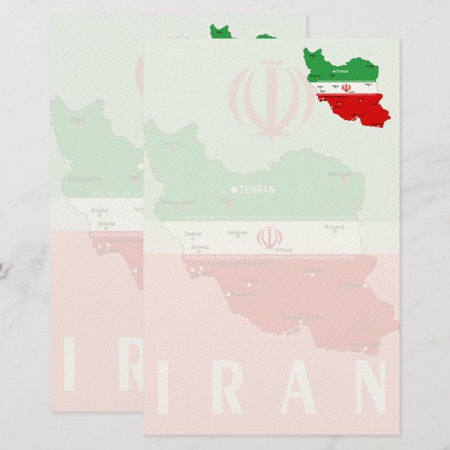 Papelaria Mapa do Irã com Bandeira e Emblema (Frente/Verso)