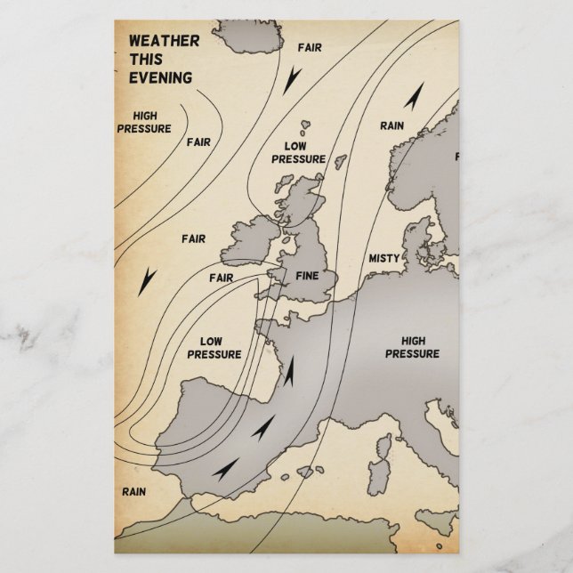Papelaria Mapa meteorológico antigo das Ilhas Britânicas e E (Frente)