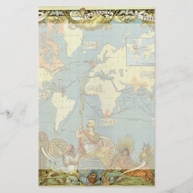 Papelaria Mapa Mundial Antiquado do Império Britânico, 1886 (Frente)