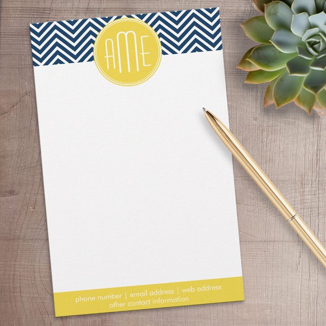 Papelaria Marinho Blue Chevrons com Monograma Amarelo Person (Personalized Stationery)