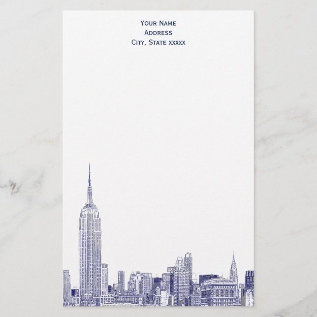Papelaria Marinho De Arte Blue NYC Skyline Etch 01 Papel De  (Frente)
