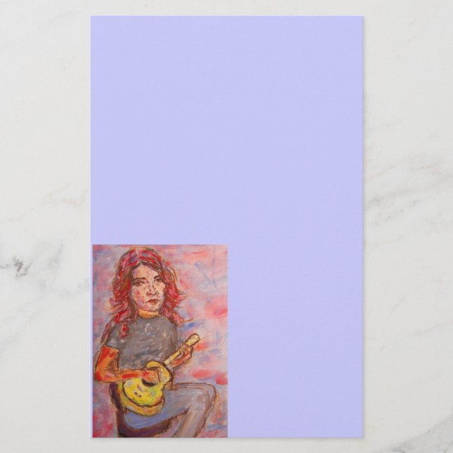 Papelaria menina com cabelo e o ukulele vermelhos (Frente)