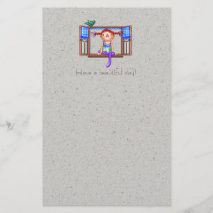 Papelaria Menina em uma arte do pixel do peitoril da janela