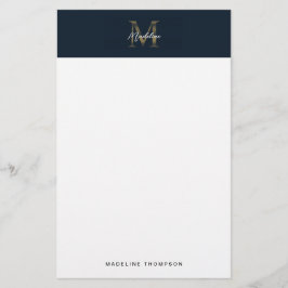Papelaria Minimalist Script Metallic Navy Blue Gold Monogram