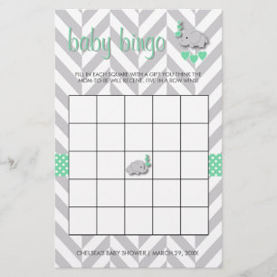 Papelaria Mint Green e Cinza Elephant Chá de fraldas Bingo
