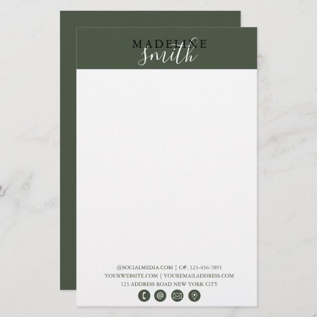 Papelaria Modern Dark Green Script (Frente/Verso)