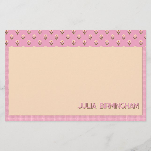 Papelaria Mola Retro Mão Desenhada Rosa Floral e Grade (Frente)