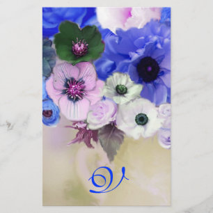 PAPELARIA MONOGRAMA AZUL BRANCO DOS ROSAS E DAS FLORES DA