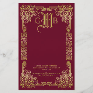 Papelaria Monograma Clássico de Casamento Dourado Borgonha