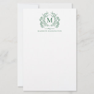 Papelaria Monograma Clássico Verde Floral Vintage Crest
