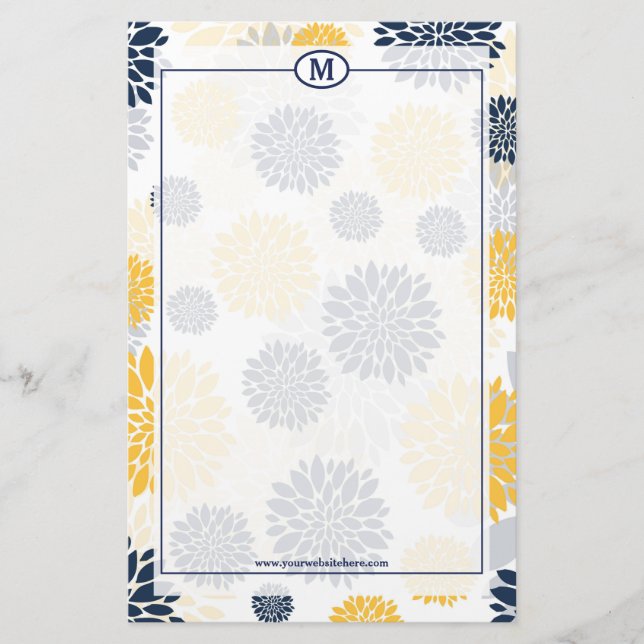 Papelaria Monograma com padrão floral azul marinho e dourado (Frente)