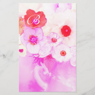 PAPELARIA MONOGRAMA DE ROSAS DE PINCO BRANCO VERMELHO E FLOR