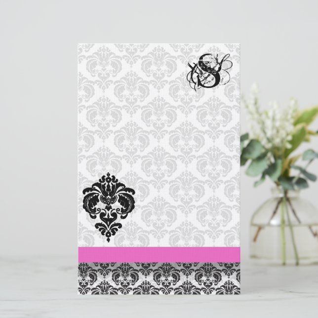Papelaria Monograma do Damasco Rosa e Preto (Em pé/Frente)