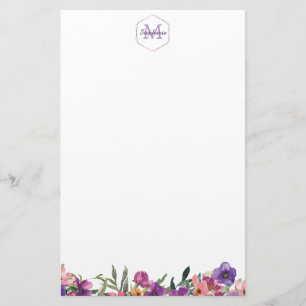 Papelaria Monograma floral cor-de-rosa e azul violeta da