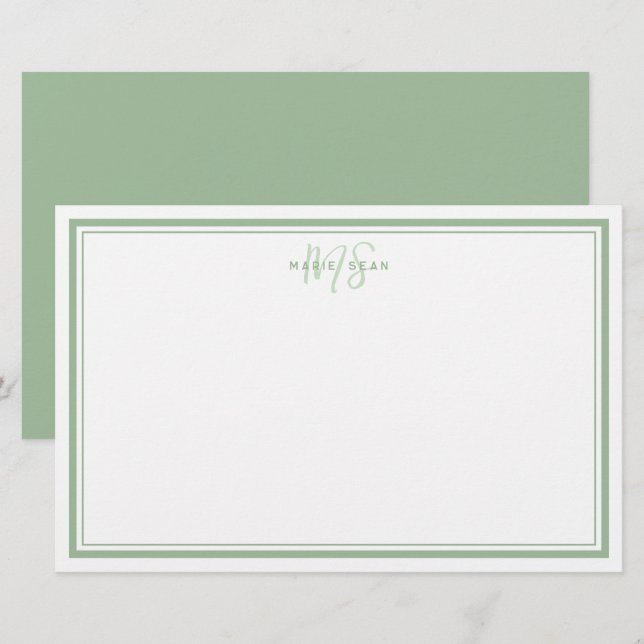 Papelaria Monograma Simples Mínimo Verde de Sage Dois Limite (Frente/Verso)