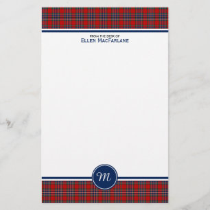 Papelaria Monograma vermelho e azul do Tartan do clã de