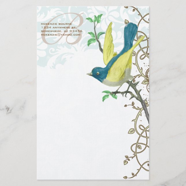 Papelaria Monograma Vintage Bird Vintage Tesouros (Frente)