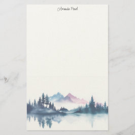 Papelaria Montanhas com Aguarela Rosa e Azul & Pinheiros Neg