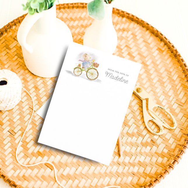 Papelaria Mouse bonito da mesa de artigos personalizados (Front - Simple Chic Cute Mouse on Vintage Bicycle From the Desk of Personalized Stationery Paper)