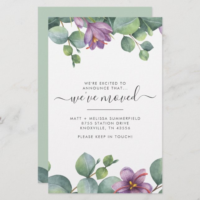 Papelaria Movimentamos o endereço Eucalyptus Purple Green Mo (Frente/Verso)