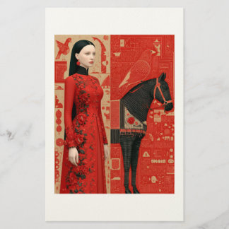 Papelaria Mulher de vestido vermelho florado e cavalo preto