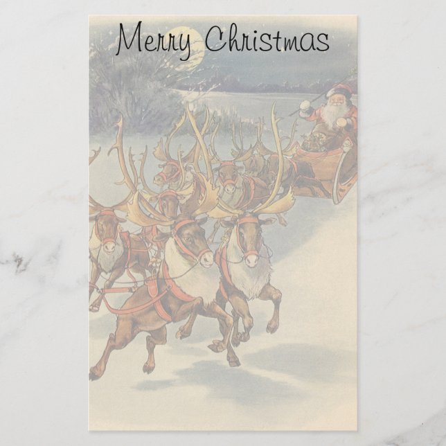 Papelaria Natais vintages Santa Claus Sleigh com Reindeer (Frente)