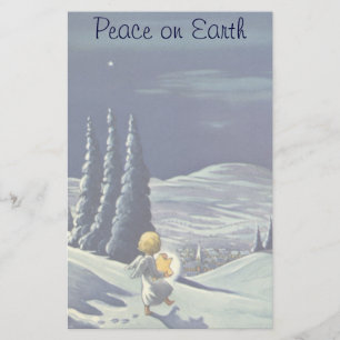 Papelaria Natal Antigo, Anjo da Neve Caminhando com uma Estr