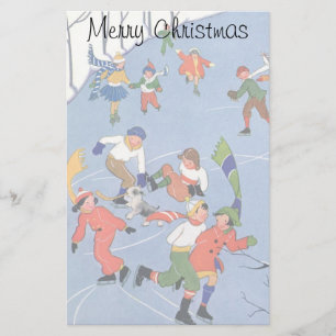 Papelaria Natal Antigo, Crianças Patinando em um Lago
