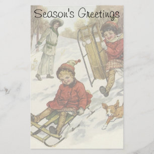 Papelaria Natal vintage, crianças do Victorian que Sledding