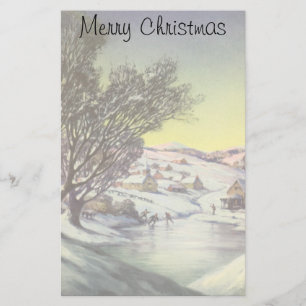 Papelaria Natal vintage, lago congelado com patinadores de