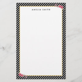 Papelaria Nome Personalizado Chic Black Stripes Pink Flowers