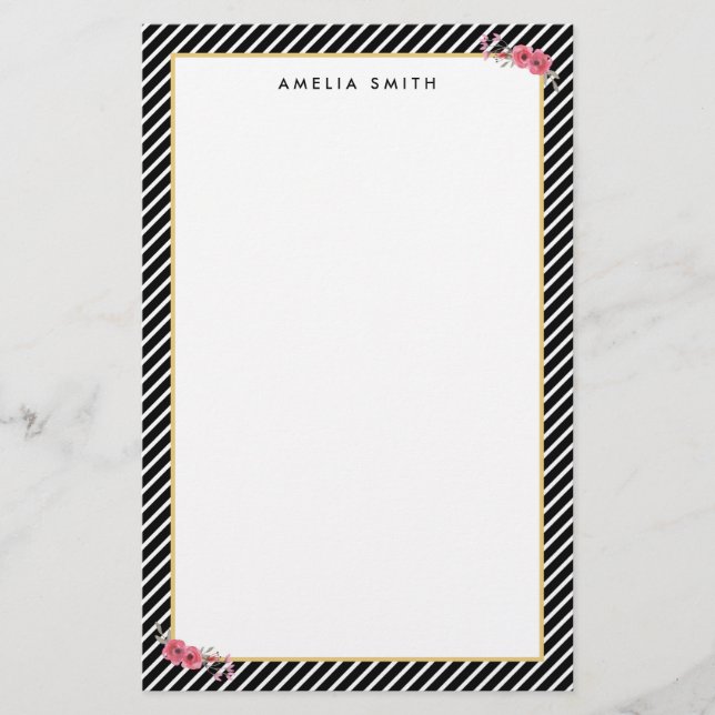 Papelaria Nome Personalizado Chic Black Stripes Pink Flowers (Frente)