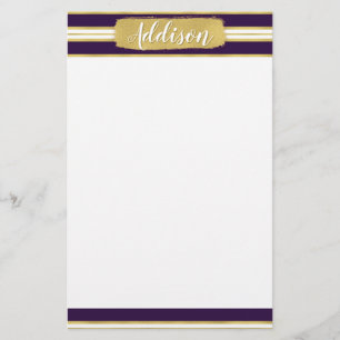 Papelaria Nome Personalizado do Padrão de Faixa Dourada Roxo
