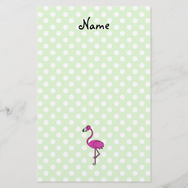 Papelaria Nome personalizado flamingo bolinhas verdes (Frente)