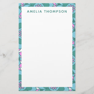 Papelaria Nome Personalizado Retro Roxo Verde Floral