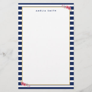 Papelaria Nome Preppy Chic Blue Stripes Pink Flowers